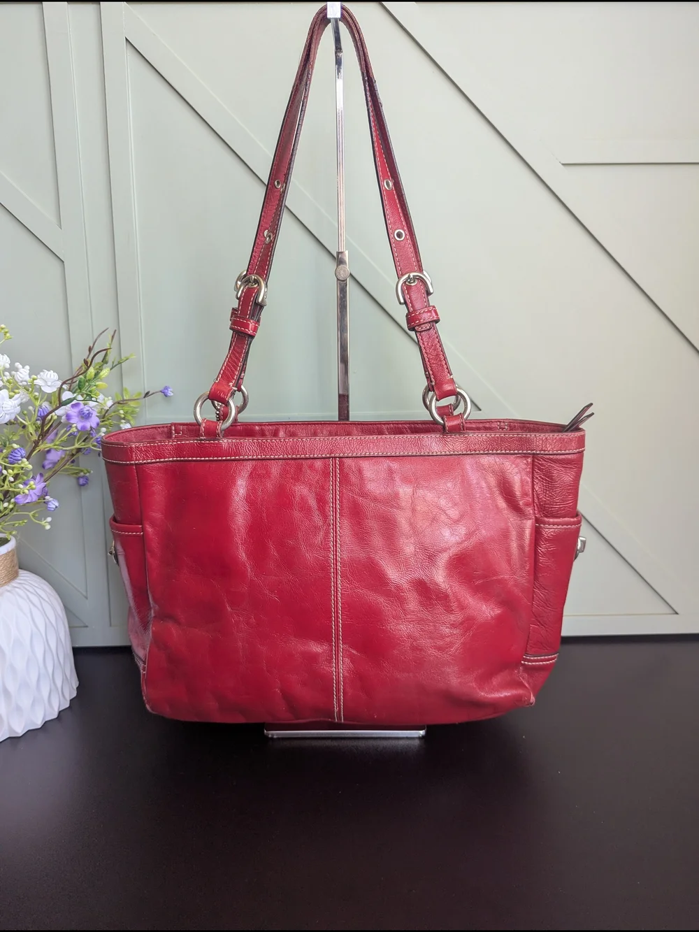 Coach Red Leather Shoulder Tote with Charm